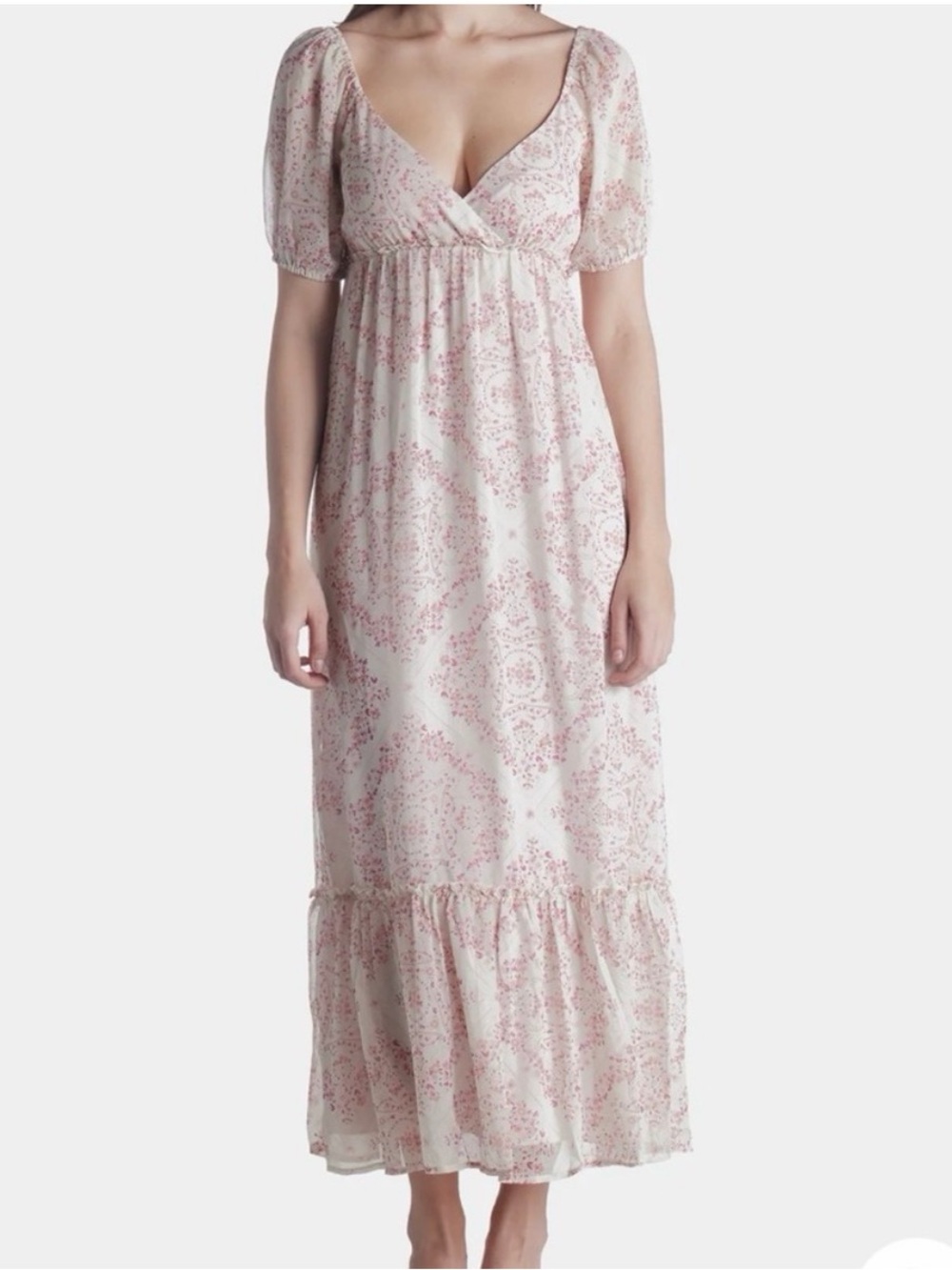 Cream Maxi Dress with Blush Pink Floral Print and Empire Waist